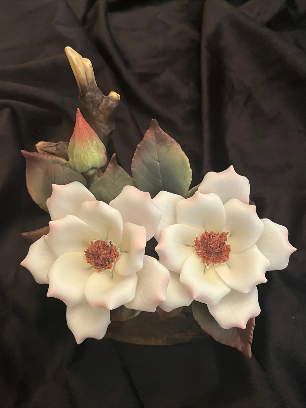 Vintage Porcelain Magnolia Flower Music Box Tree Stump Floral Figurine